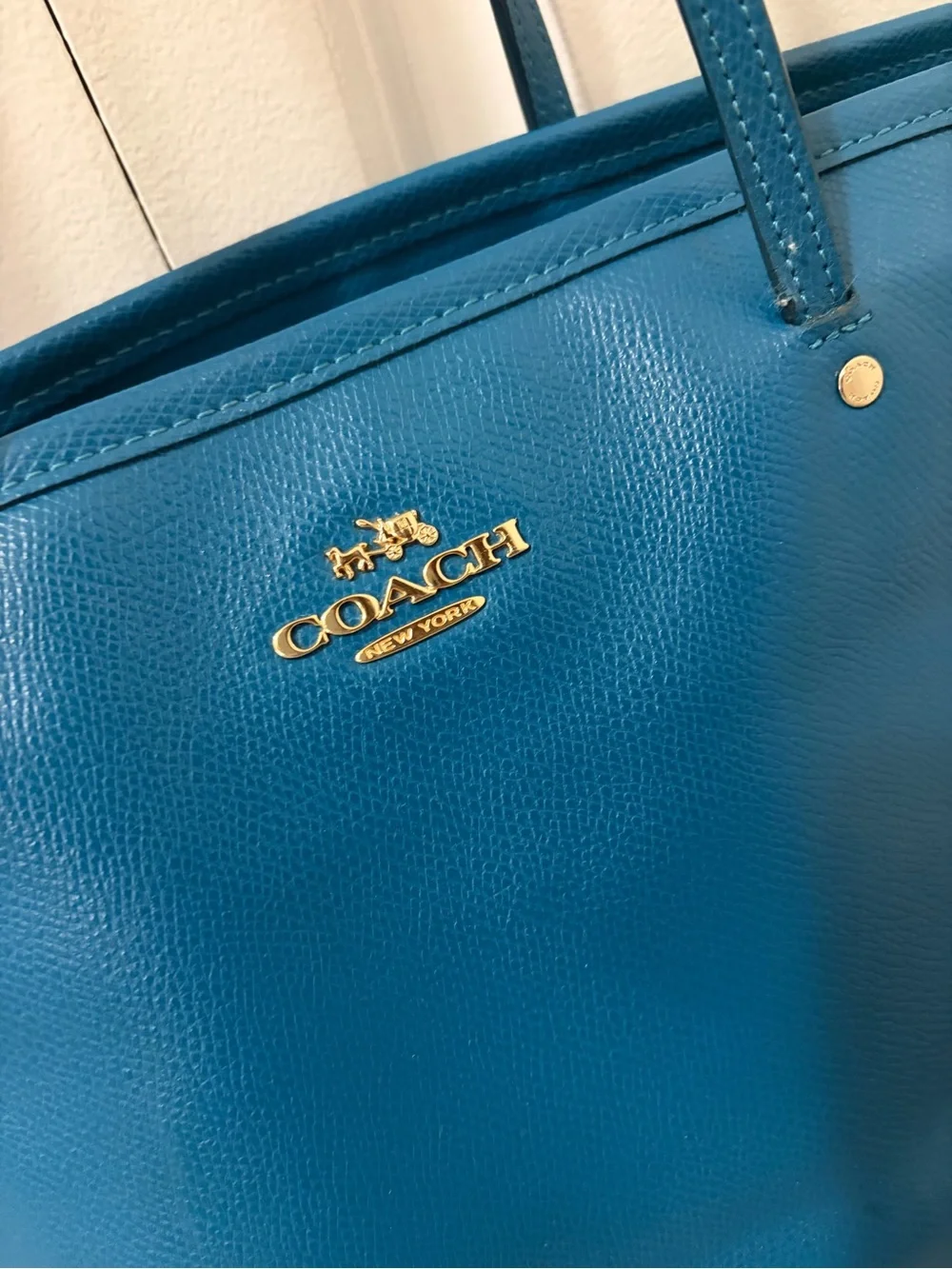 Coach Teal Blue Pebbled Leather Tote with Gold Logo